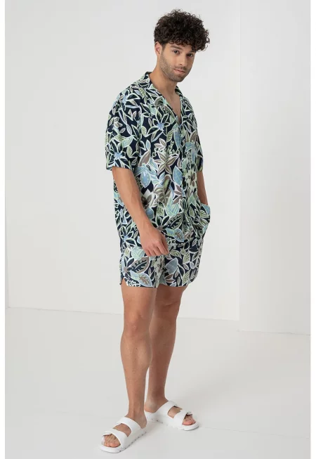 Свободна риза с тропически принт - Бял/Ултрамарин синьо/Лайм зелено