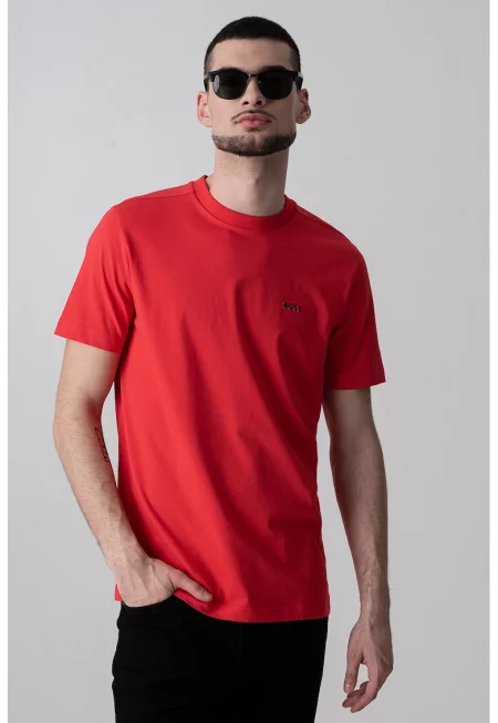 Тениска с овално деколте и лого - Аленочервен