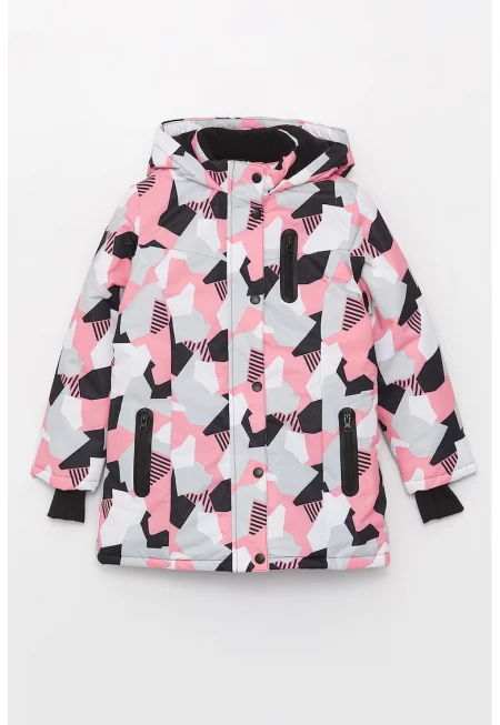 Ватирано зимно яке с качулка и абстрактна шарка