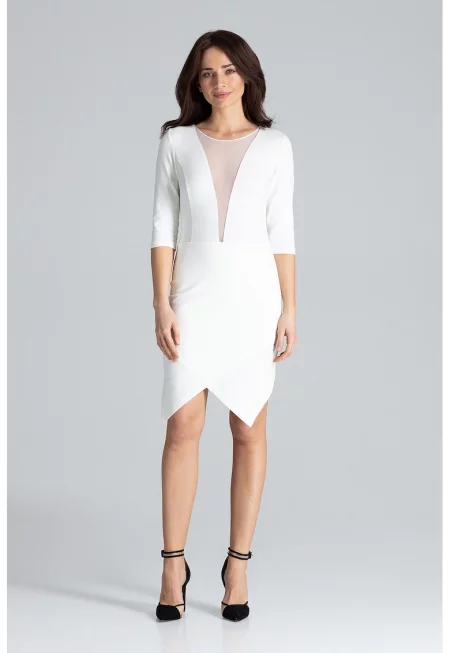 Вталена рокля  L012 - асиметрична - екрю - 95% памук