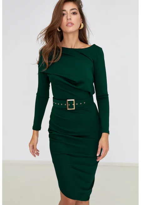 Вталена рокля с деколте тип лодка - Тъмнозелен