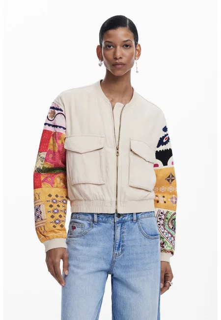 Яке с лен и контрастни ръкави - Черен/Бежов/Мандарина