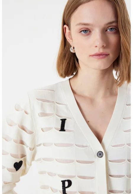 Жилетка с декоративни отвори - Слонова кост/Черен