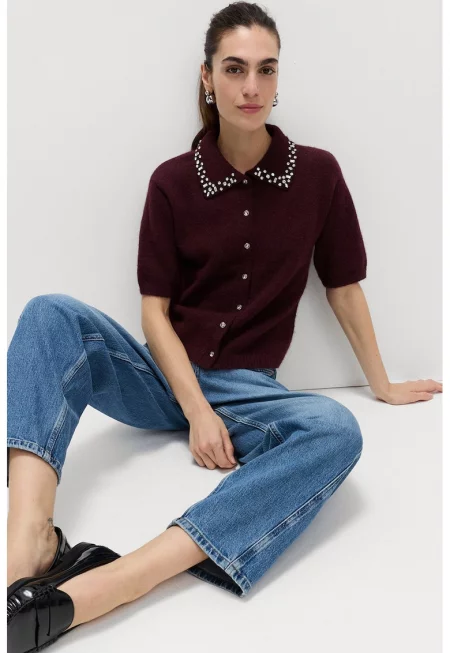 Жилетка с вълна с декоративни камъни - Бордо