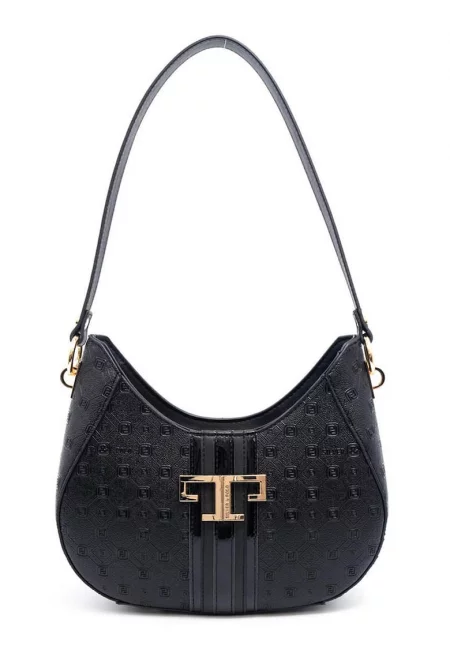 Чанта за рамо от еко кожа с принт - Черен