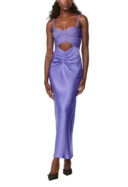 Дълга официална рокля с емблематичен бандажен бюстие и драпирана копринена пола - Лилав