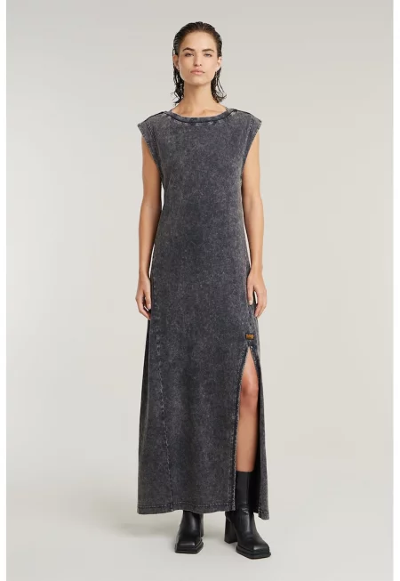 Дълга рокля от органичен памук с цепка - Антрацитно сиво