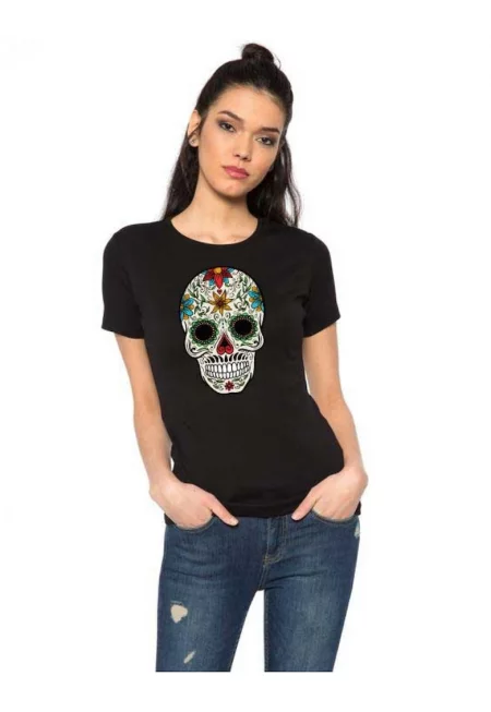Дамска черна тениска - Sugar Skull Colorful