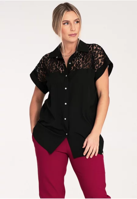 Дамска риза  ажурна - черна - къс ръкав - дантела - 80% полиестер