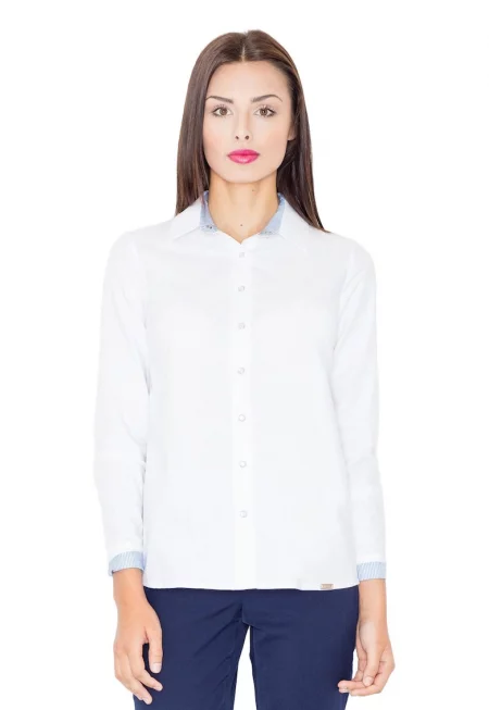 Дамска риза  M491 - светлосиня - дълъг ръкав - памук/полиестер -