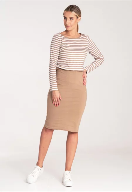 Двуцветна рокля  M1057 - бежова - еластична материя - удобна - памук