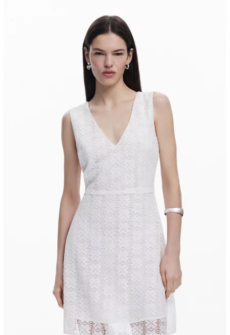 Флорална къса рокля с флорална дантела - Мръснобял