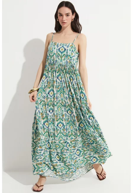 Флорална рокля с тънки презрамки - Слонова кост/Тъмносин/Светлозелен