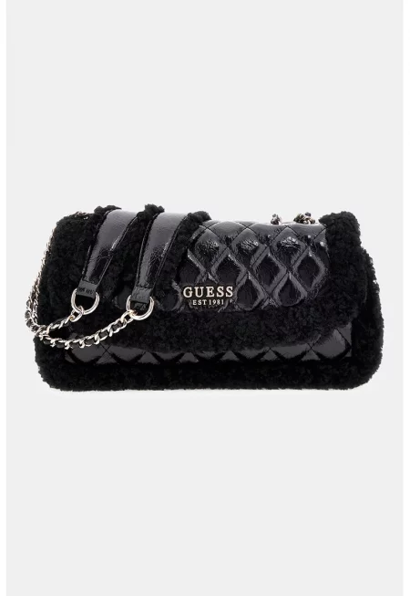 Капитонирана чанта през рамо с еко пух - Черен