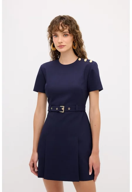 Къса разкроена рокля с колан - Тъмносин