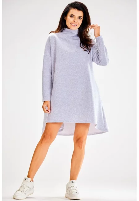 Къса рокля с дълъг ръкав - с кръгло деколте - асиметрична A609