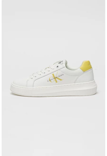 Кожени спортни обувки с лого - Бял/Лайм зелено