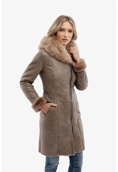 Кожено палто Sherpa Claudia с качулка - Светло кафяво