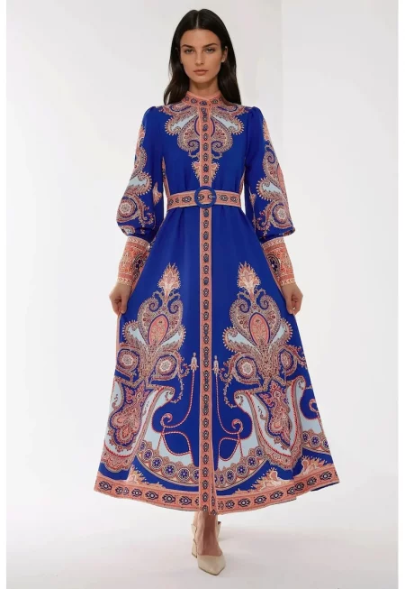 Макси рокля  дълъг ръкав - флорален принт - синьо - тънка материя