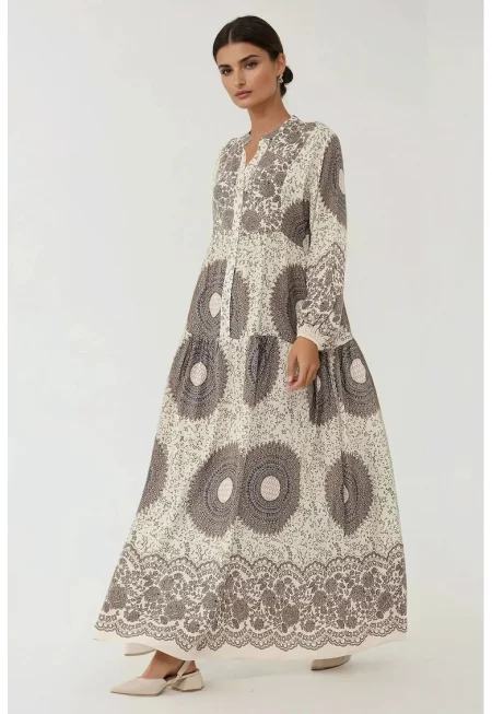 Макси рокля -  дълъг ръкав - щампа - бежово - вискоза