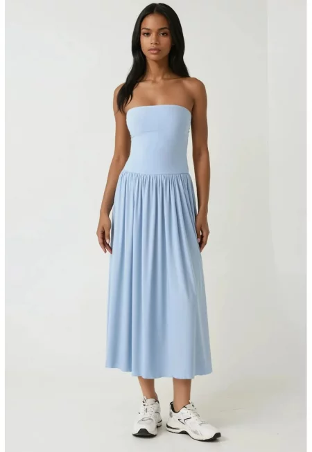 Миди рокля 2 в 1 -  без презрамки - еластична - синя - трико