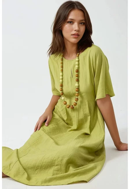 Миди рокля -  А-линия - кръгло деколте - маслинено зелено - текстилен материал