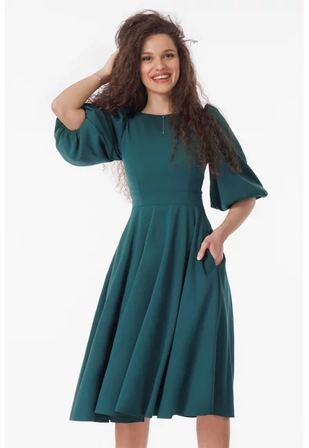 Миди рокля с бухнали ръкави - Петролно синьо