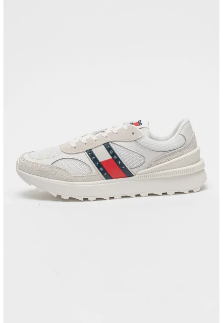 Мрежести спортни обувки с велур - Червен/Тъмносин/Мръснобял