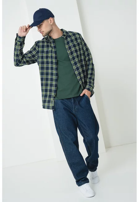 Памучна риза с каре - Бял/Лайм зелено/Тъмносин