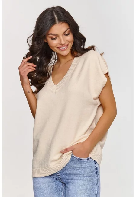 Пуловер с къс ръкав и V-образно деколте - Един размер