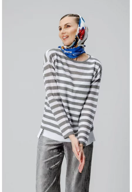 Раирана блуза с лен и овално деколте - Бял/Сив