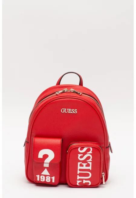 Раница Utility Vibe от еко кожа с пришити джобове - Червен/Бял