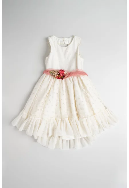 Разкроена рокля с бродерии - Слонова кост/Розово