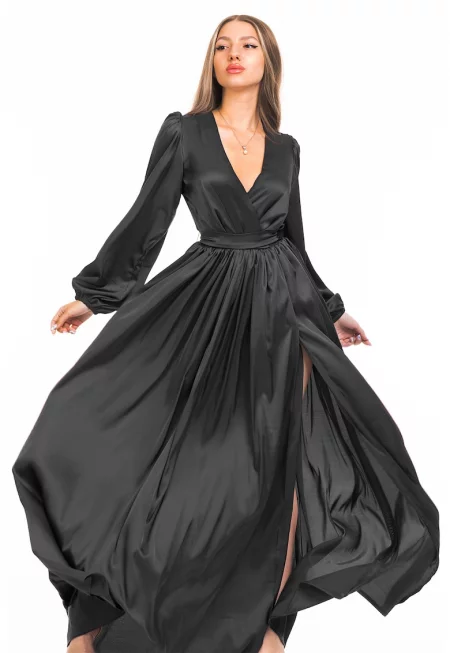 Разкроена рокля със застъпено деколте и шлиц - Избеляло черно
