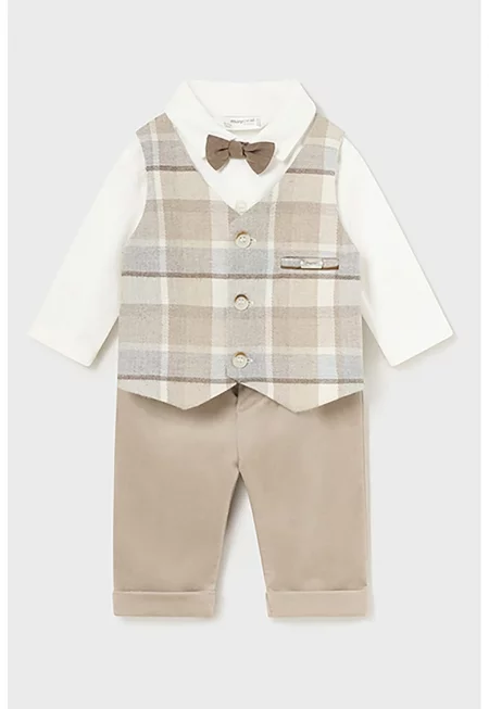 Риза с дизайн 2в1 - панталон и папийонка - 3 части - Бял/Бежов