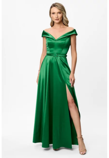 Рокля с дълбока цепка встрани и голо рамо - Зелен