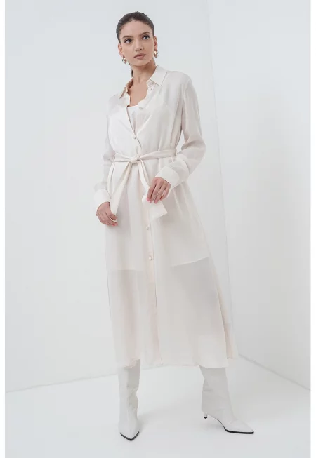 Рокля с дълги ръкави и връзка - Крем