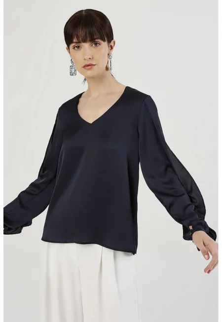Сатинирана шпиц блуза - Ултрамарин синьо
