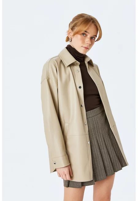 Шакат от еко кожа с паднали ръкави - Тъмнобежово