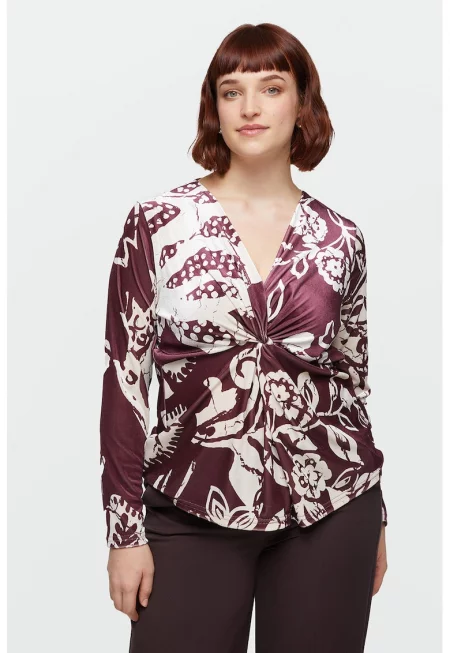 Шпиц блуза с възел отпред - Бял/Бордо
