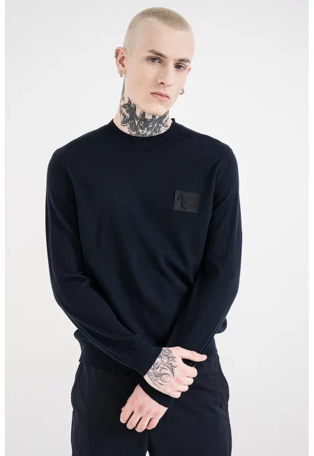 Слим пуловер с вълна с лого - Ултрамарин синьо