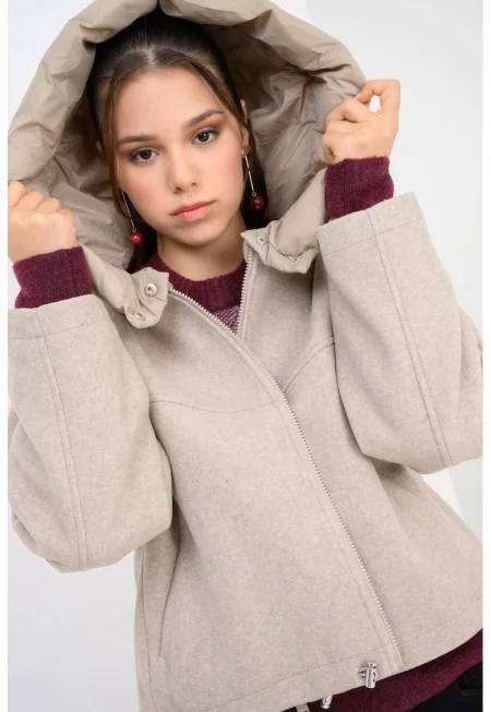 Свободно яке с качулка и регулируем подгъв - Бежов меланж
