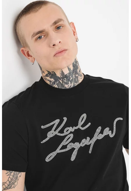 Тениска с овално деколте и лого - Черен/Сребрист