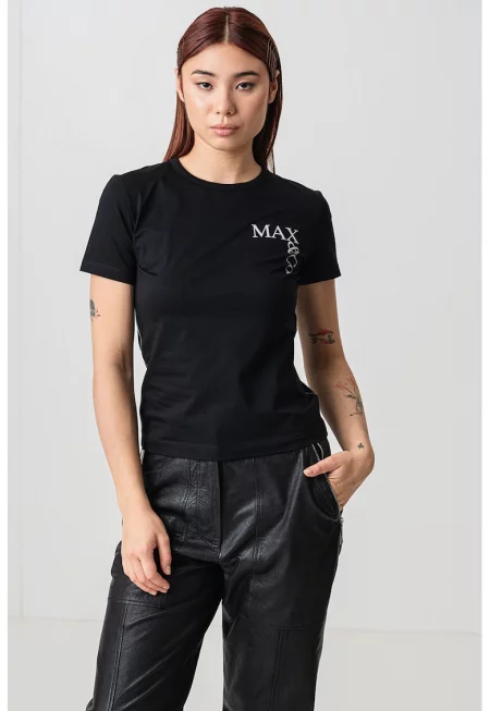 Тениска с овално деколте и лого - Черен