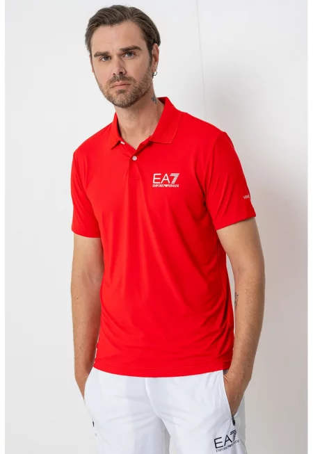 Тениска с яка и лого - Бял/Аленочервен