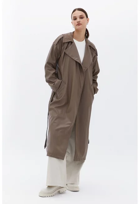 Тренч от еко кожа - Сиво-кафяв