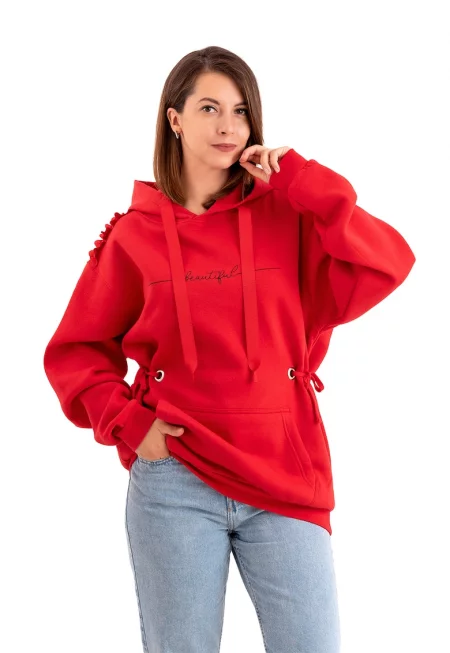 Уголемено худи с джоб кенгуру - Червен