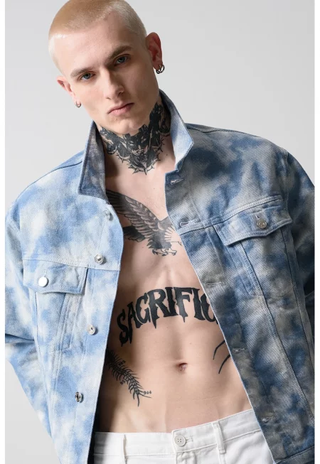 Яке от деним с хоризонтален меланж - Прашно синьо/Мръснобял