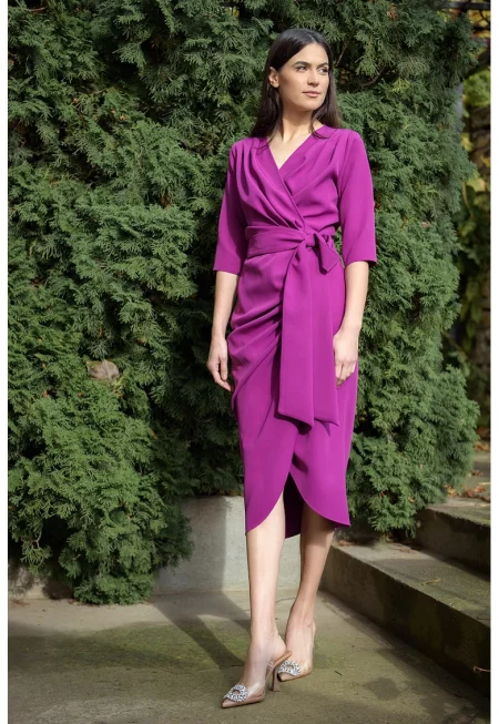 Застъпена рокля с 3/4 ръкави - Фанданго розово