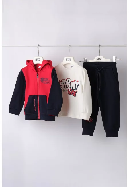 Блуза - худи и спортен панталон - 3 части - Червен/Бял/Тъмносин